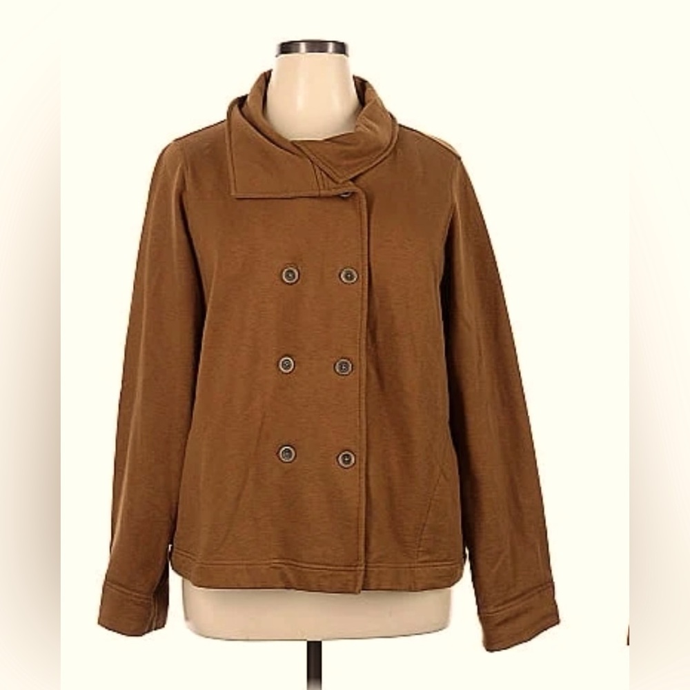 New Lands' End Cotton Jacket peacoat style Buttons Pockets Tan 1X 14-16 Comfy